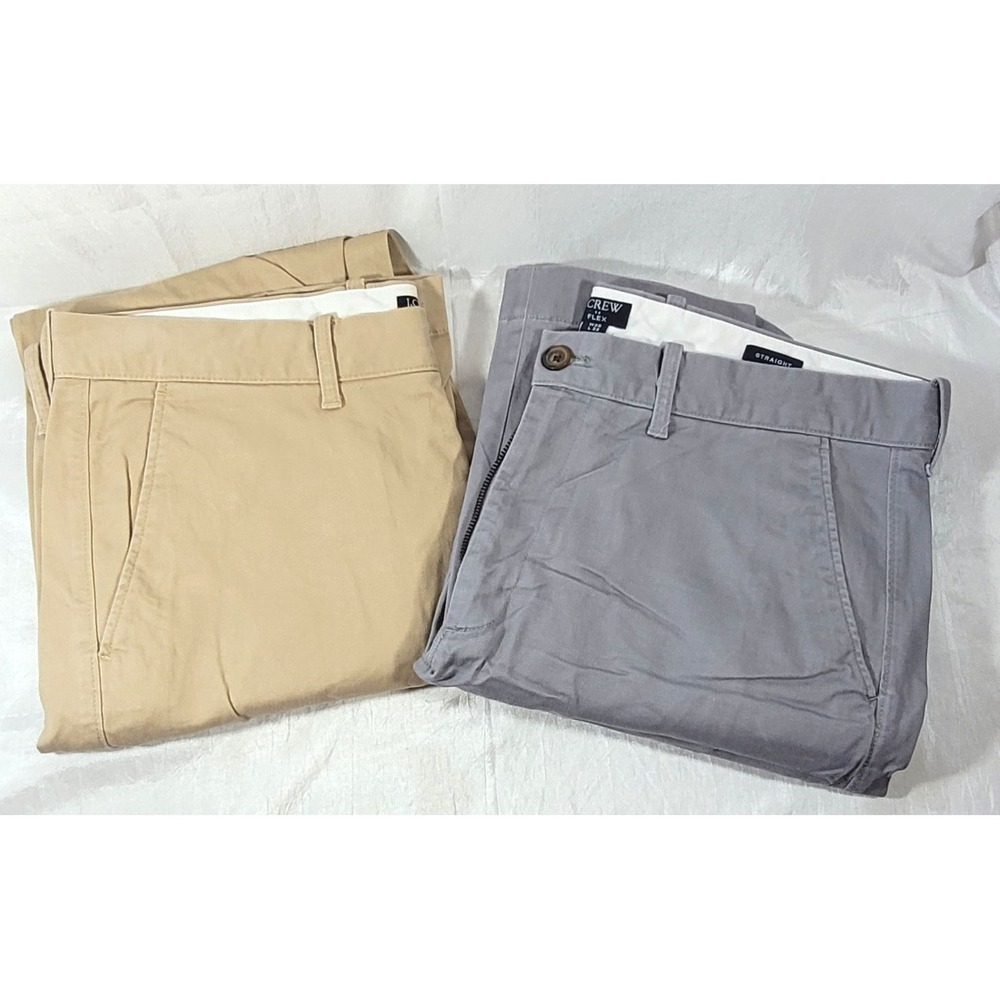 2 Pairs J.Crew Men's Straight Leg Flat Front Chino Pants - Tan & Gray‎ - 35Wx32L